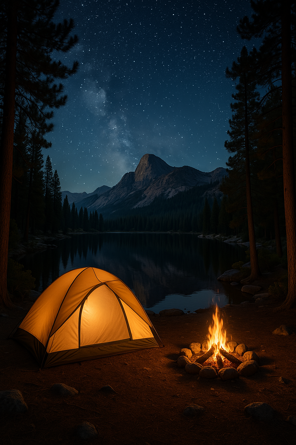 Peaceful camping site in a USA national park with tent, lake, and mountains
