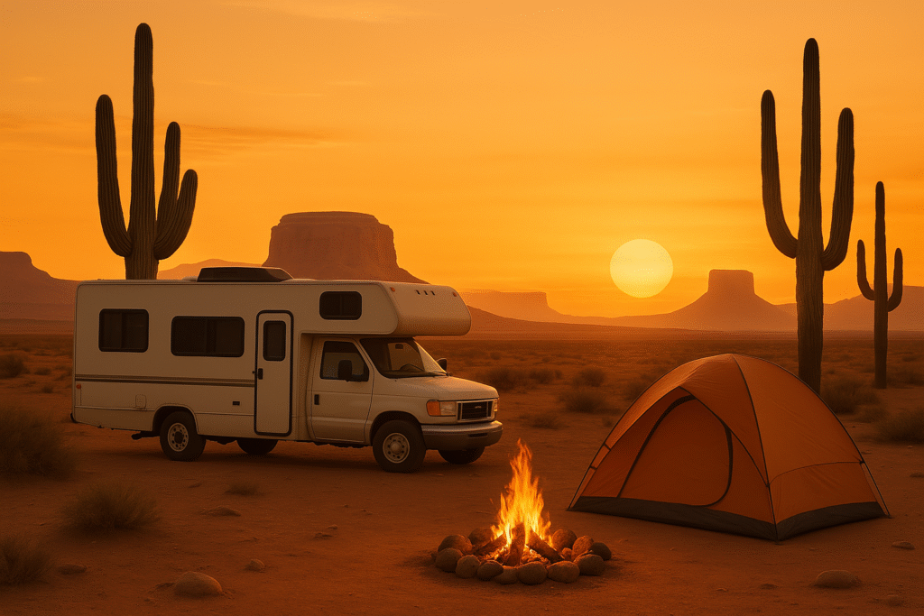 Safe RV camping site in USA desert with sunset view